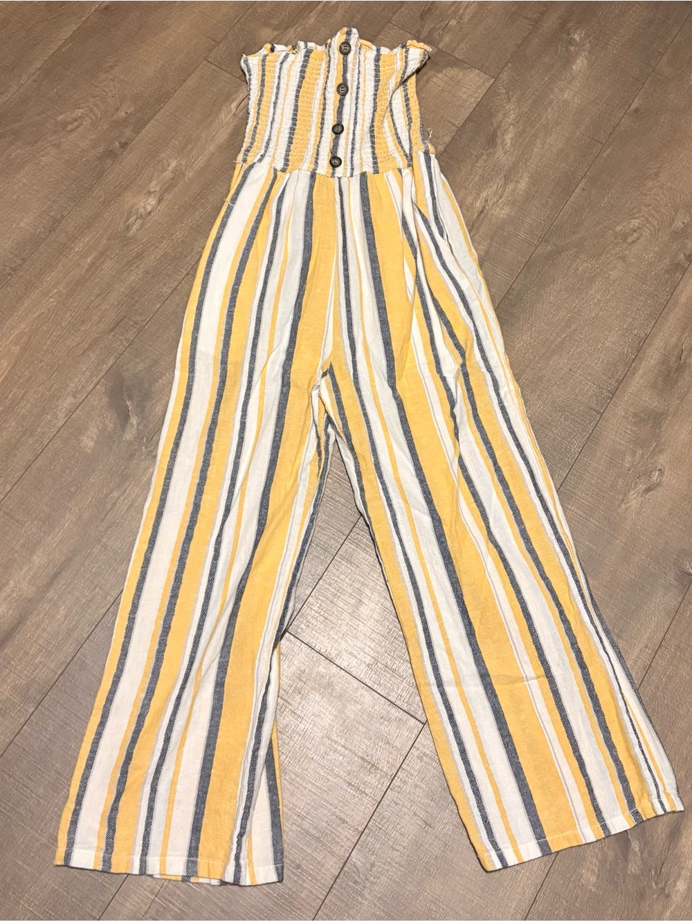 Anthropology Striped Yellow Wide-Leg Jumpsuit with Button Bodice